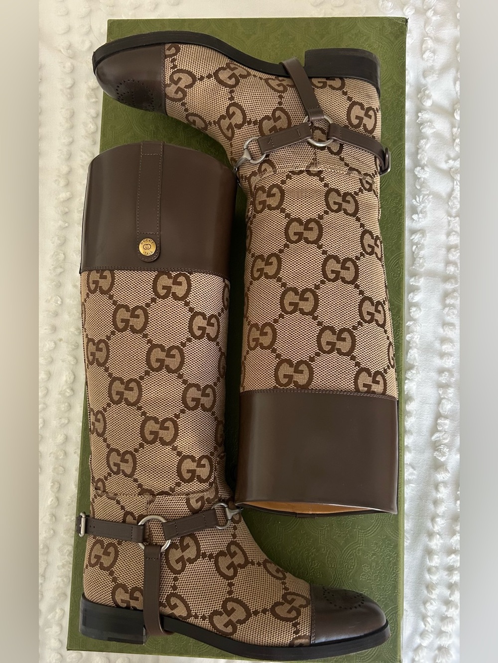 Gucci GG Supreme Canvas Horsebit Riding Boots Brown & Beige